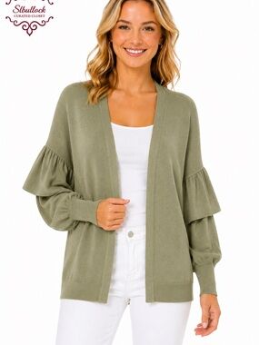 C21 Millennium TU One Size Sage Green Ruffle Sleeve Open Front Cardigan